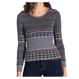 Soshanna Striped Abstract Print Crew Neck Stretchy Sweater Black Purple Top XS